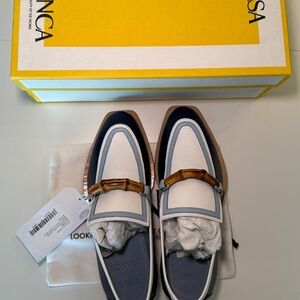 Casablanca Envelope Loafer in White/Navy Mens Bamboo-detail leather loafers